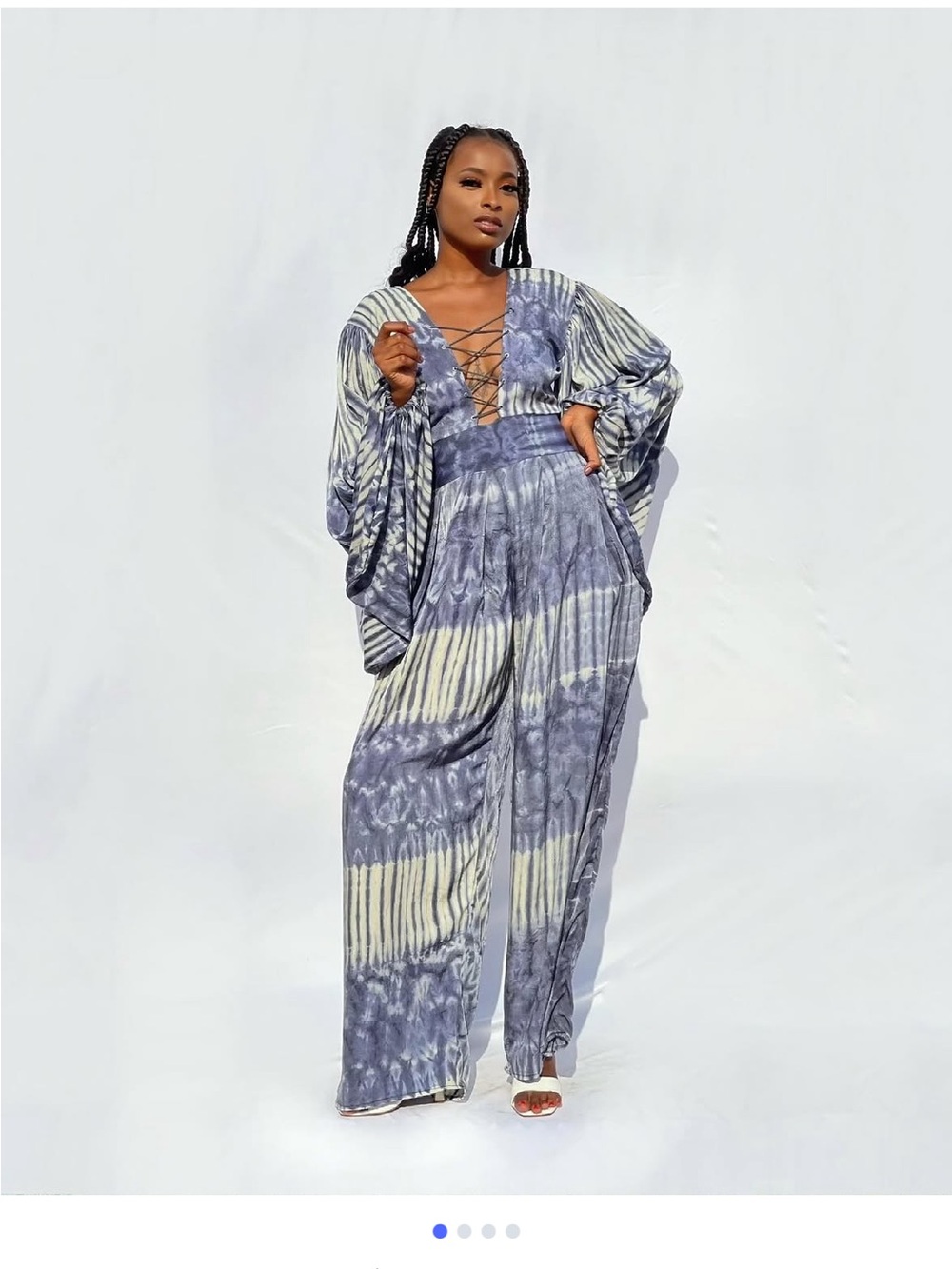 Lace-Up Tie-Dye Wide-Leg Jumpsuit in Blue and Cream